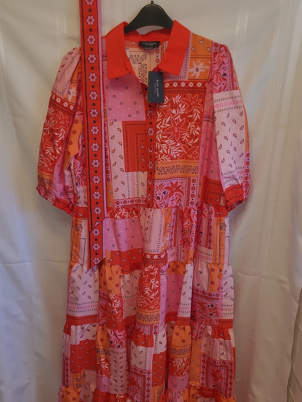 Kate Spade Pink & Red Mainline Patchwork Tiered Dress with Belt - Size XL - NWT